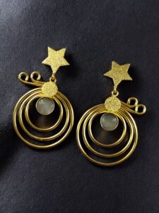 Unique Design Star Earrings | Gold Plated Geometric Stone Dangler Jewelry Gift For Her - color: "Grey"
