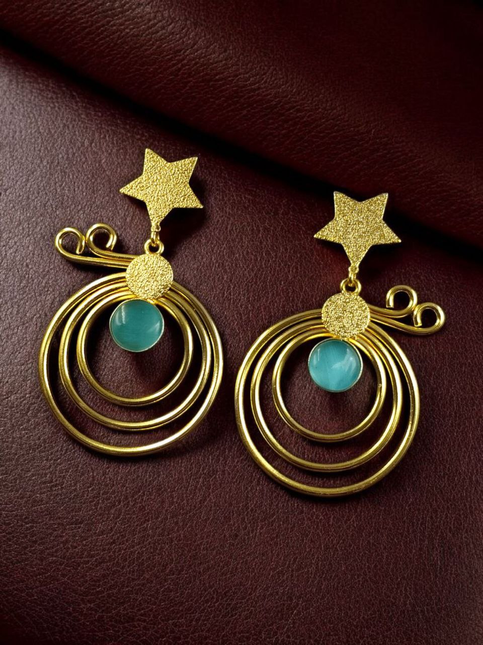 Unique Design Star Earrings | Gold Plated Geometric Stone Dangler Jewelry Gift For Her 7 Gold plated star earrings with geometric stone dangler design.