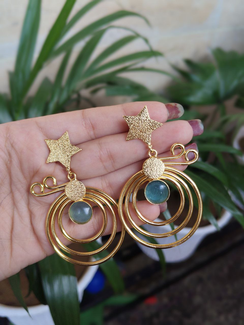 Unique Design Star Earrings | Gold Plated Geometric Stone Dangler Jewelry Gift For Her 2 Gold plated star earrings with geometric stone dangler design.