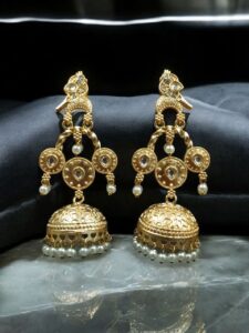 Unique Gold Plated Bird Dangler Earrings | Ethnic Stone & Pearl Work Beautiful Jewelry For Girls - color: "White"