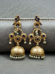 Unique Gold Plated Bird Dangler Earrings | Ethnic Stone & Pearl Work Beautiful Jewelry For Girls - color: "Blue"