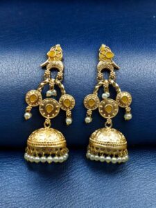 Unique Gold Plated Bird Dangler Earrings | Ethnic Stone & Pearl Work Beautiful Jewelry For Girls - color: "Yellow"