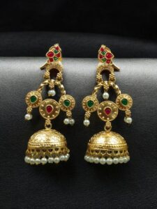 Unique Gold Plated Bird Dangler Earrings | Ethnic Stone & Pearl Work Beautiful Jewelry For Girls - color: "Red-Green"