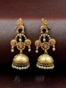 Unique Gold Plated Bird Dangler Earrings | Ethnic Stone & Pearl Work Beautiful Jewelry For Girls - color: "Baby Pink"