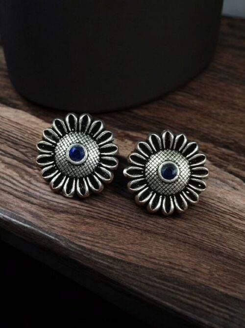 Silver replica flower stud earrings with stone design for daily wear.
