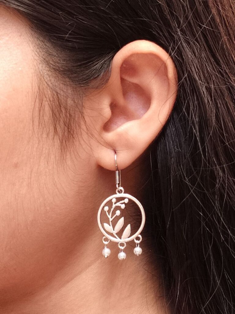 Oxidized Leaf & Circle Hook Earrings | German Silver Daily Wear Unique Jewelry