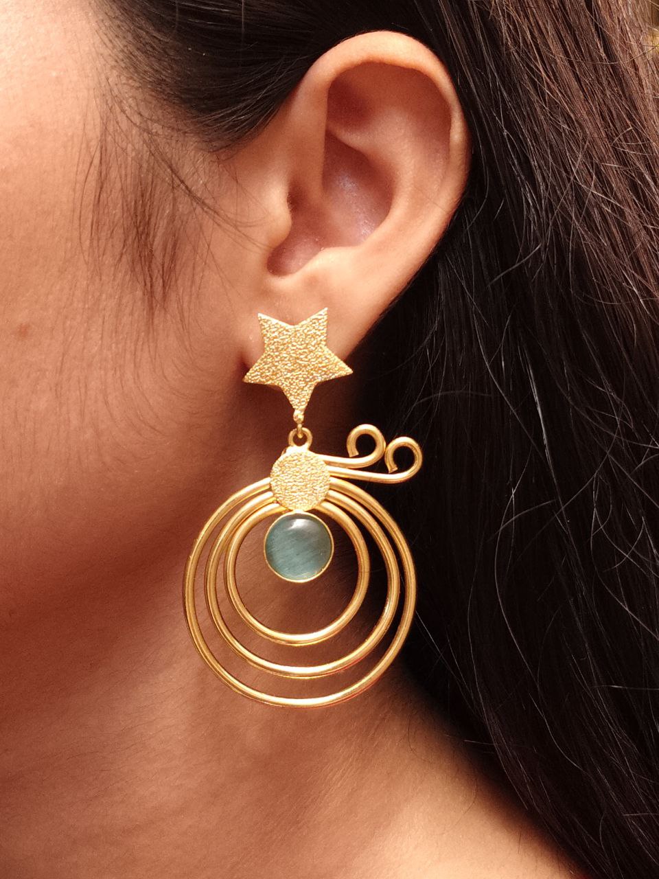 Unique Design Star Earrings | Gold Plated Geometric Stone Dangler Jewelry Gift For Her 1 Gold plated star earrings with geometric stone dangler design.