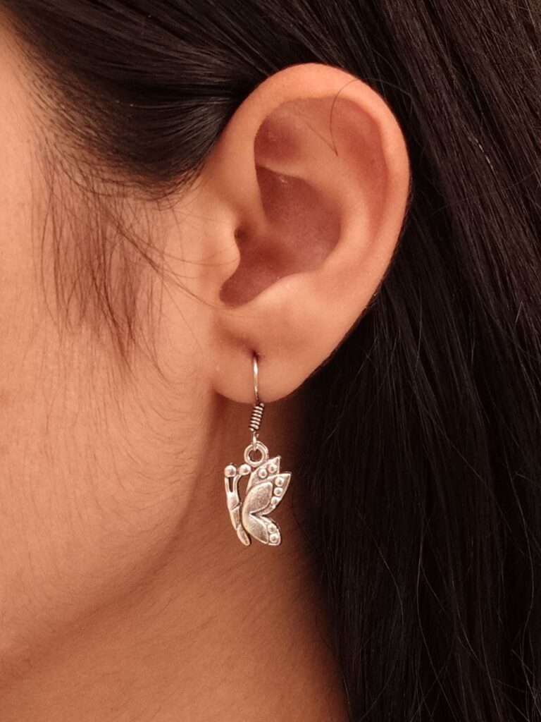 Unique German Silver Butterfly Dangler Earrings | Oxidized Hook Vintage Jewelry