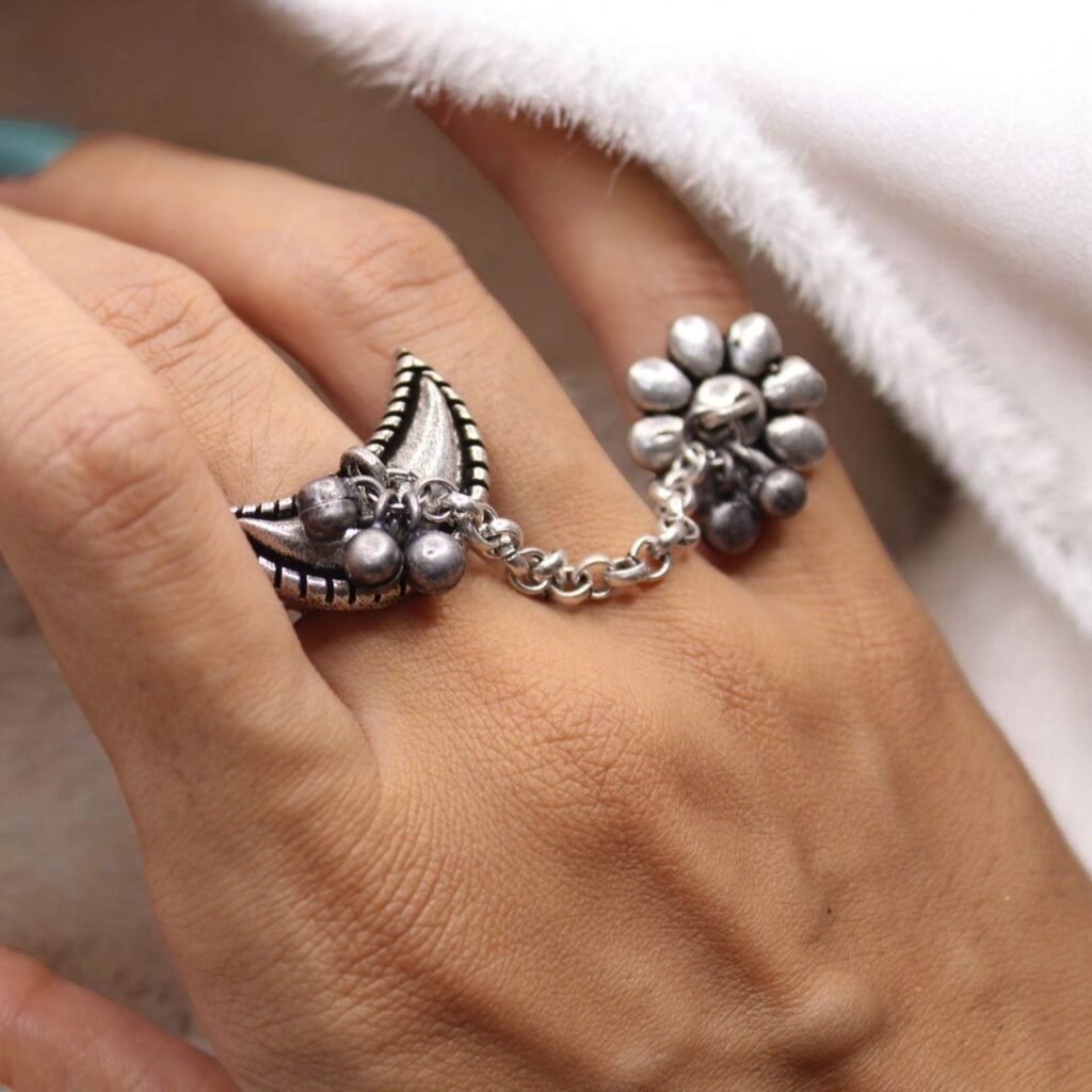 Beautiful Silver Plated Half Moon Chain Ring | Flower Ghungroo Style Ethnic Jewelry
