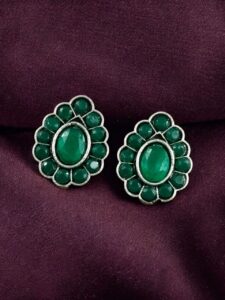 Silver Replica Daily Wear Stud Earrings | Stone Work Beautiful Jewelry for Girls - color: "Green"