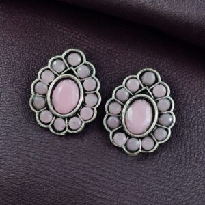 Silver Replica Daily Wear Stud Earrings | Stone Work Beautiful Jewelry for Girls - color: "Baby Pink"