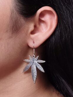 Oxidized silver plated long leaf earrings for women.