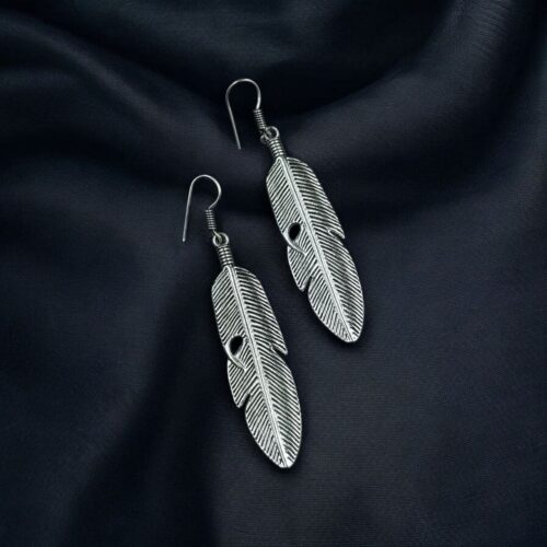 Oxidised feather design German silver earrings for women.