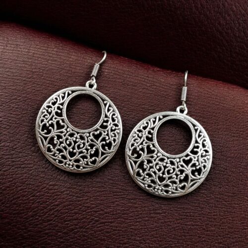 German silver floral art circle dangler earrings for women.