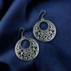 German silver floral art circle dangler earrings for women.