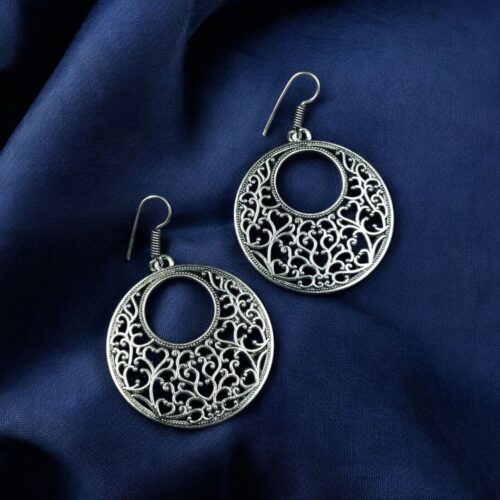 German silver floral art circle dangler earrings for women.
