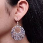 German Silver Floral Art Circle Dangler Earrings | Ethnic Hook Style Unique Jewelry For Girls