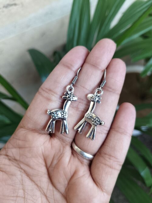 Oxidized giraffe design German silver earrings for girls.