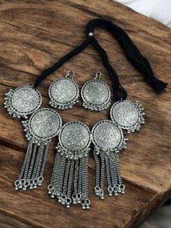 Silver plated choker necklace set with earrings for women.
