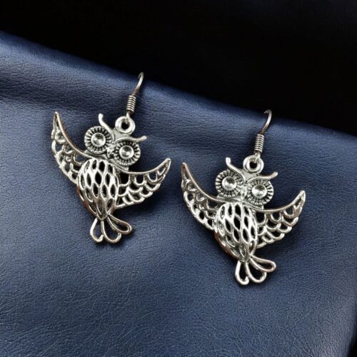 German silver owl hook earrings with oxidized finish, perfect daily wear dangler jewelry.