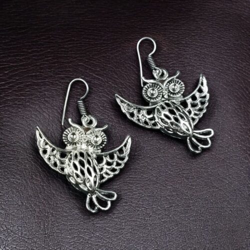 German silver owl hook earrings with oxidized finish, perfect daily wear dangler jewelry.