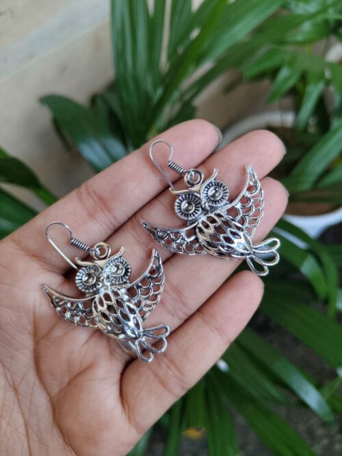 German silver owl hook earrings with oxidized finish, perfect daily wear dangler jewelry.