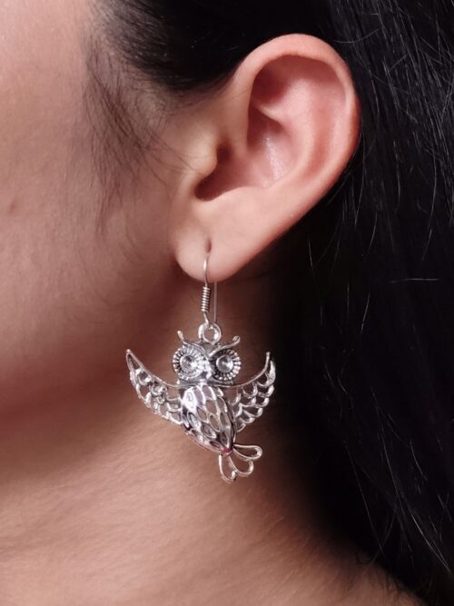 German silver owl hook earrings with oxidized finish, perfect daily wear dangler jewelry.