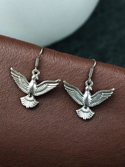 German Silver bird hook earrings in oxidized finish, traditional dangler jewelry for women.