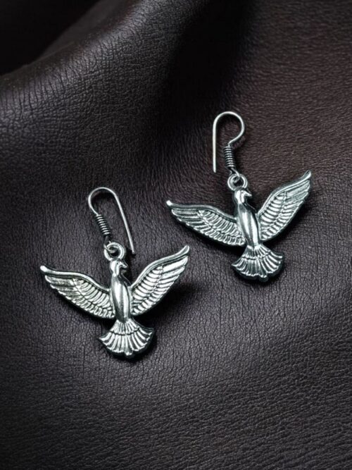 German Silver bird hook earrings in oxidized finish, traditional dangler jewelry for women.