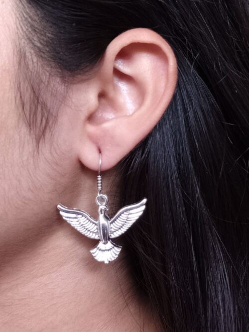 German Silver bird earrings in oxidized finish, traditional dangler jewelry for women.