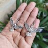 German Silver bird hook earrings in oxidized finish, traditional dangler jewelry for women.