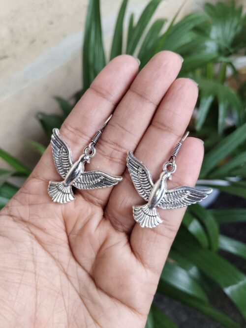German Silver bird hook earrings in oxidized finish, traditional dangler jewelry for women.