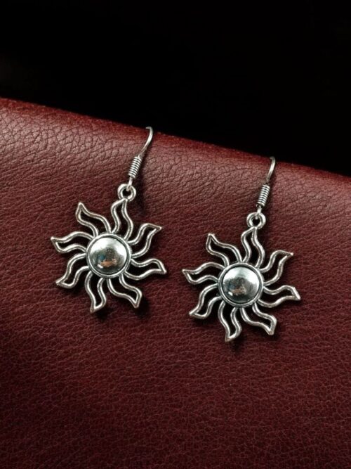 Oxidized German Silver Sun Design Hook Dangler EarringsOxidized German Silver Sun Design Hook Dangler Earrings