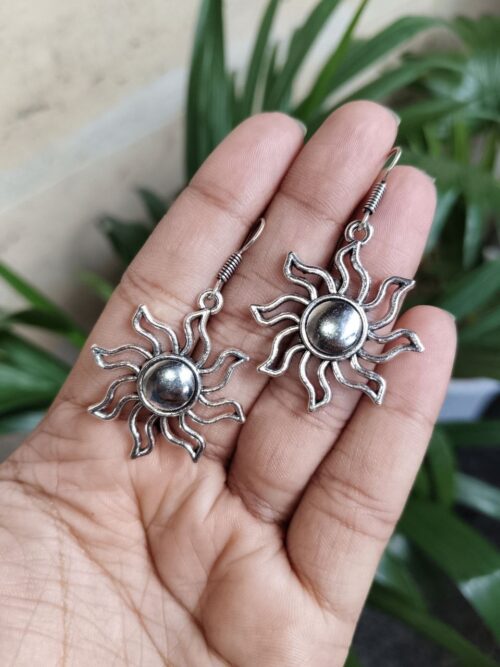 Oxidized German Silver Sun Design Hook Dangler Earrings