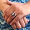 Antique style oxidized flower adjustable silver replica stone ring for women.