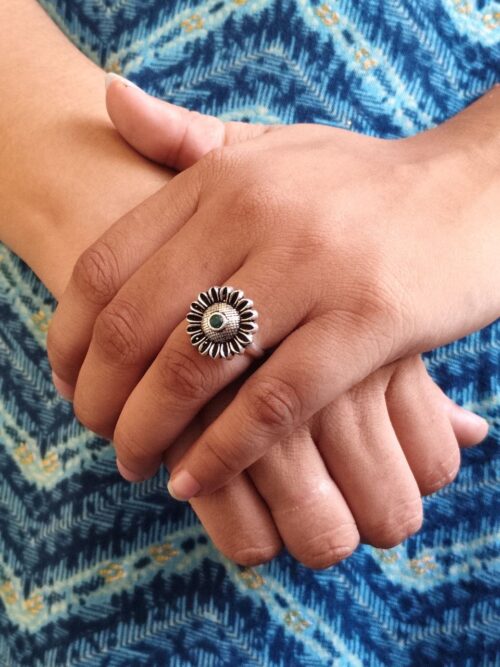 Antique style oxidized flower adjustable silver replica stone ring for women.