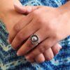 Antique style oxidized flower adjustable silver replica stone ring for women.