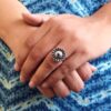 Antique style oxidized flower adjustable silver replica stone ring for women.