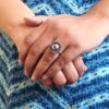 Antique style oxidized flower adjustable silver replica stone ring for women.