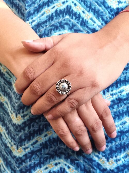 Antique style oxidized flower design ring silver replica stone jewelry for women.