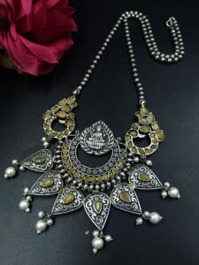 Traditional Oxidized Peacock Necklace | Silver Replica Stone & Pearl Work Perfect Jewelry For Women - color: "Yellow"