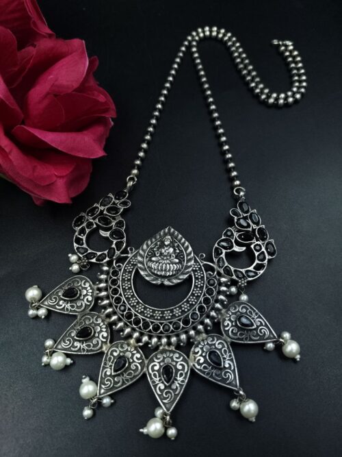 Traditional Oxidized Peacock Necklace with Stone & Pearl Work – Silver Replica Jewelry
