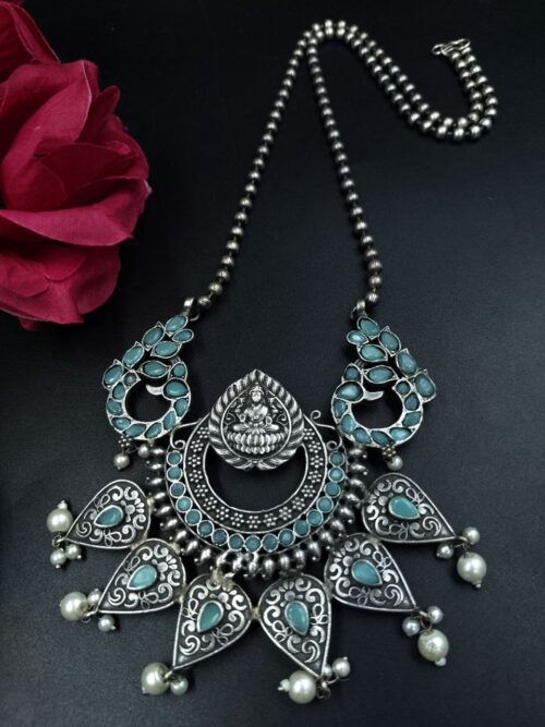 Traditional Oxidized Peacock Necklace with Stone & Pearl Work – Silver Replica Jewelry