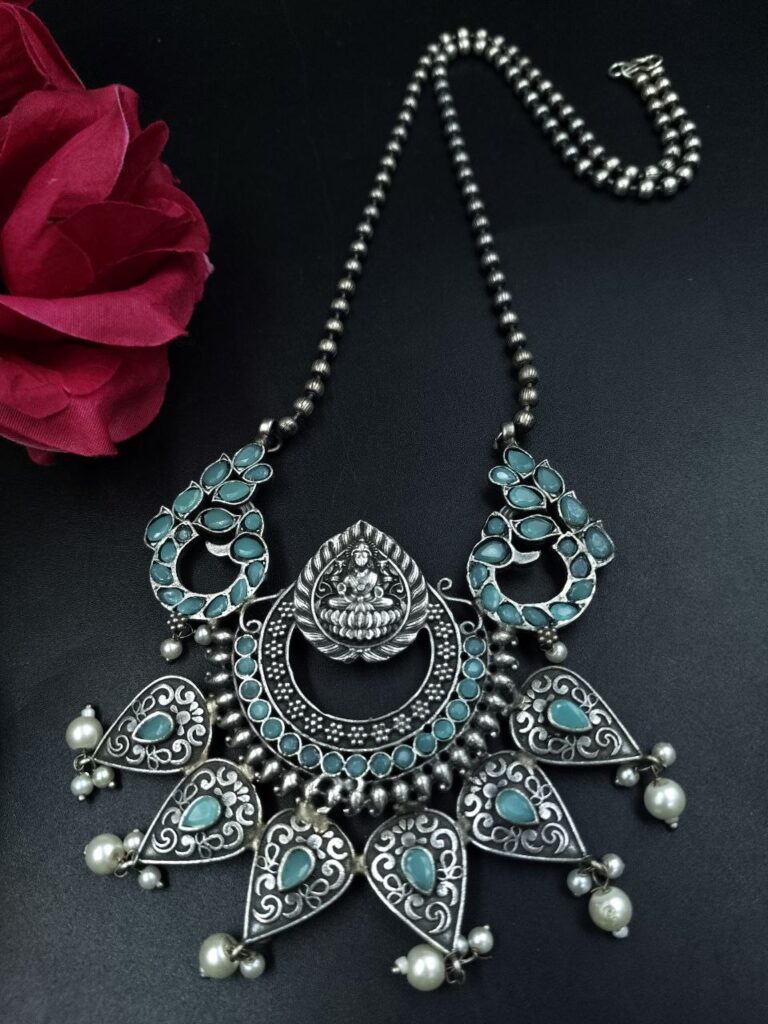Traditional Oxidized Peacock Necklace | Silver Replica Stone & Pearl Work Perfect Jewelry For Women