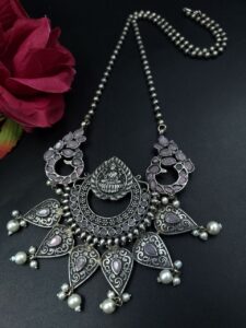 Traditional Oxidized Peacock Necklace | Silver Replica Stone & Pearl Work Perfect Jewelry For Women - color: "Baby Pink"