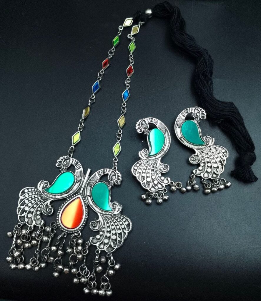 Unique Oxidized Peacock Design Necklace | Stylish Adjustable Thread Ethnic Jewelry