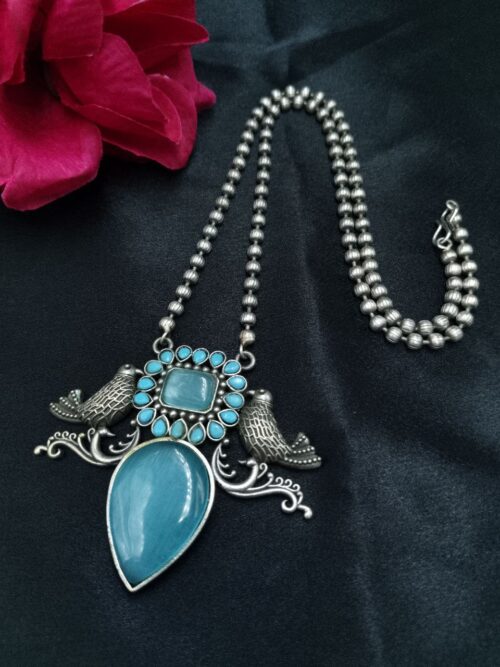 Oxidized Silver Replica Bird Necklace with Monalisa Stone Work
