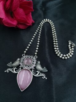 Oxidized Silver Replica Bird Necklace with Monalisa Stone Work