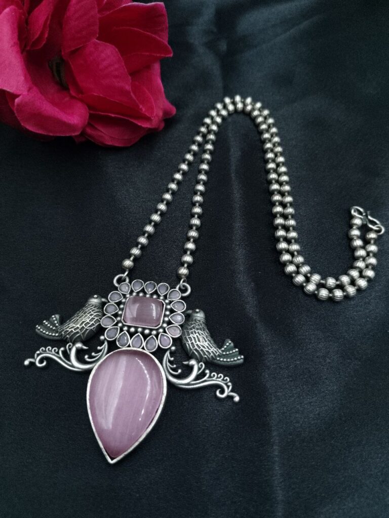 Oxidized Silver Replica Bird Design Necklace | Monalisa Stone Work Handmade Best Jewelry
