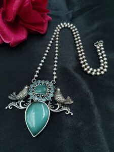 Oxidized Silver Replica Bird Design Necklace | Monalisa Stone Work Handmade Best Jewelry - color: "Mint"